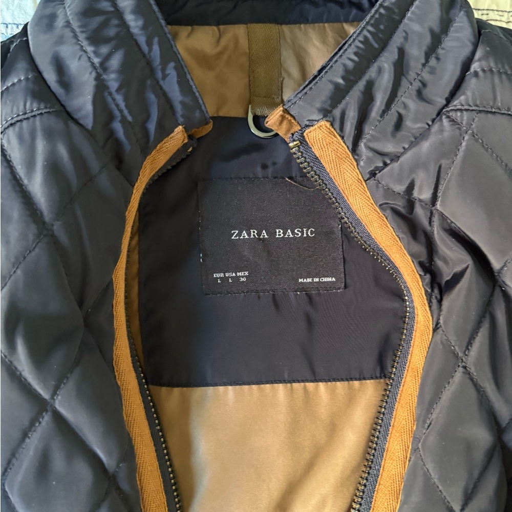 Zara Navy Quilted Jacket with Tan Trim - Picture 2 of 4